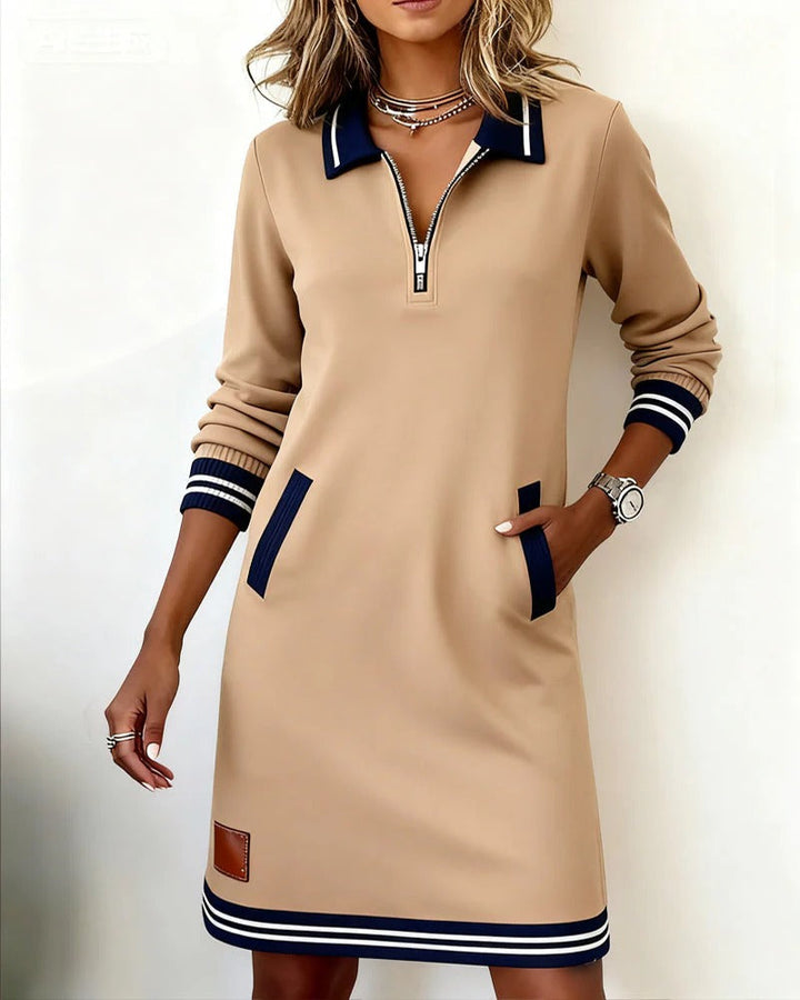 Ivy | Women's Zip Collar Sweatshirt Dress | Striped Cuffs