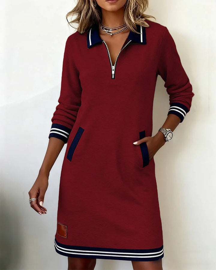 Ivy | Women's Zip Collar Sweatshirt Dress | Striped Cuffs