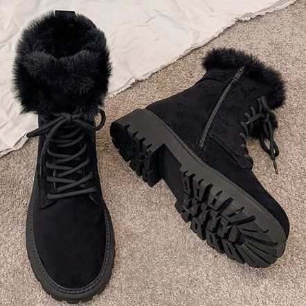 Harriet | Women's Faux Fur Trim Winter Boots | Lace-Up Lug Sole