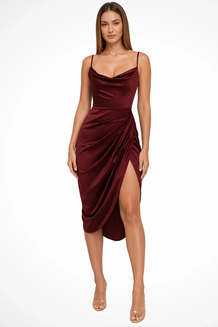 Rosemary | Women's Wedding Guest Satin Cowl Neck Dress | Strappy Midi