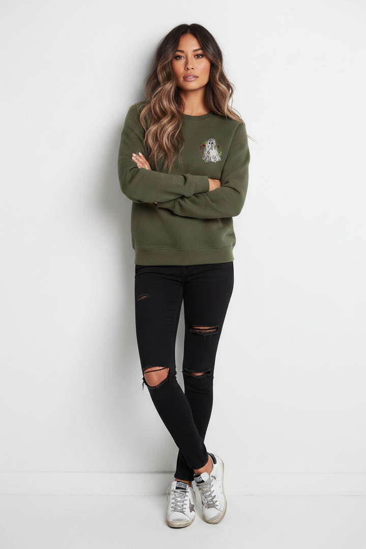 Women's Olive Lace Ghost Sweatshirt - Embroidered Floral Halloween Pullover