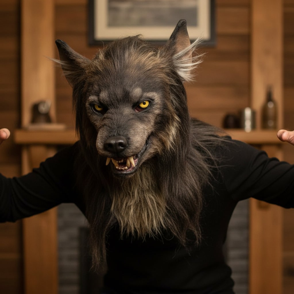 Werewolf Costume Mask with Faux Fur & Fangs