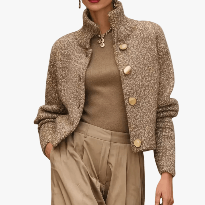 Margaret | Women's Cropped Knit Sweater | Stand Collar Button Front