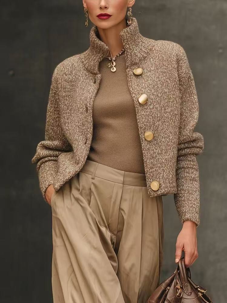 Margaret | Women's Cropped Knit Sweater | Stand Collar Button Front