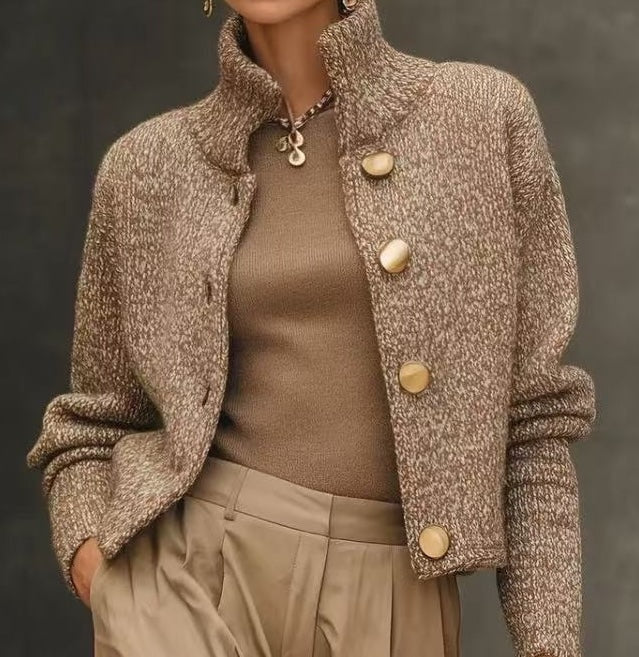 Margaret | Women's Cropped Knit Sweater | Stand Collar Button Front