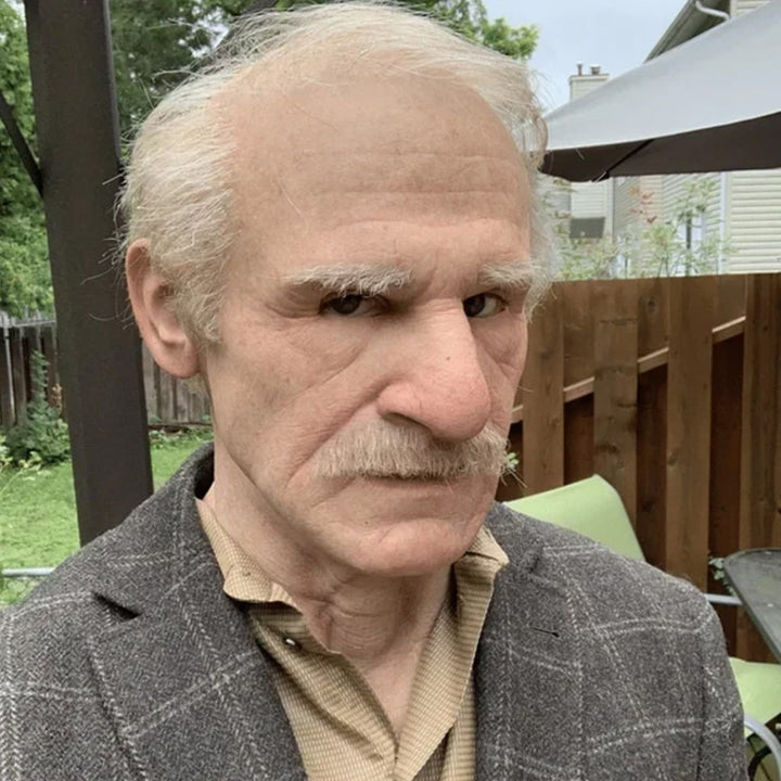 Men's Halloween Silicone Old Man Mask with Faux Hair for Costume Party.