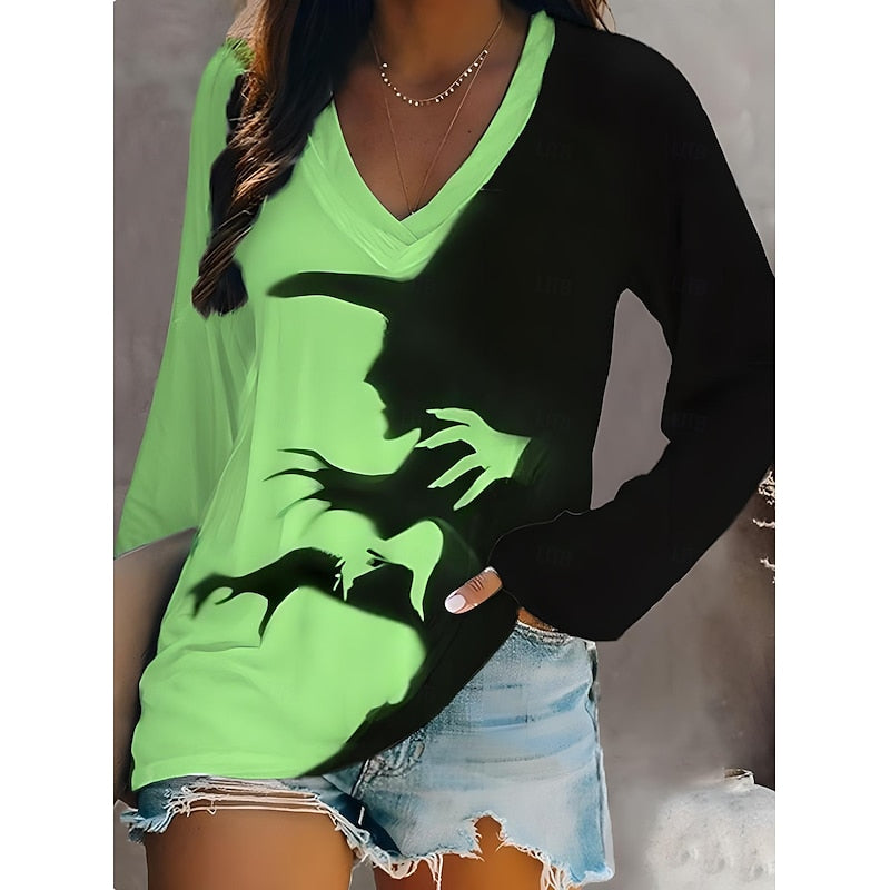 Maglia nera da donna con scollo a V e grafica da strega per Halloween