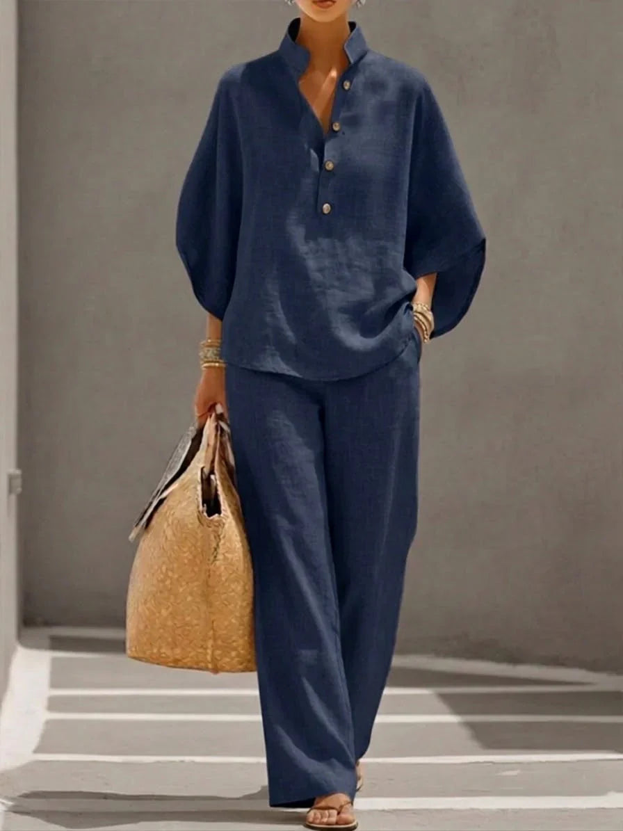 Clara | Linen set with batwing sleeves and wide-leg trousers