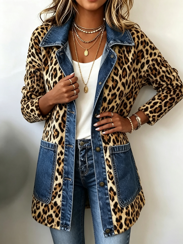 Lorena | Leopard Print Long Jacket with Denim