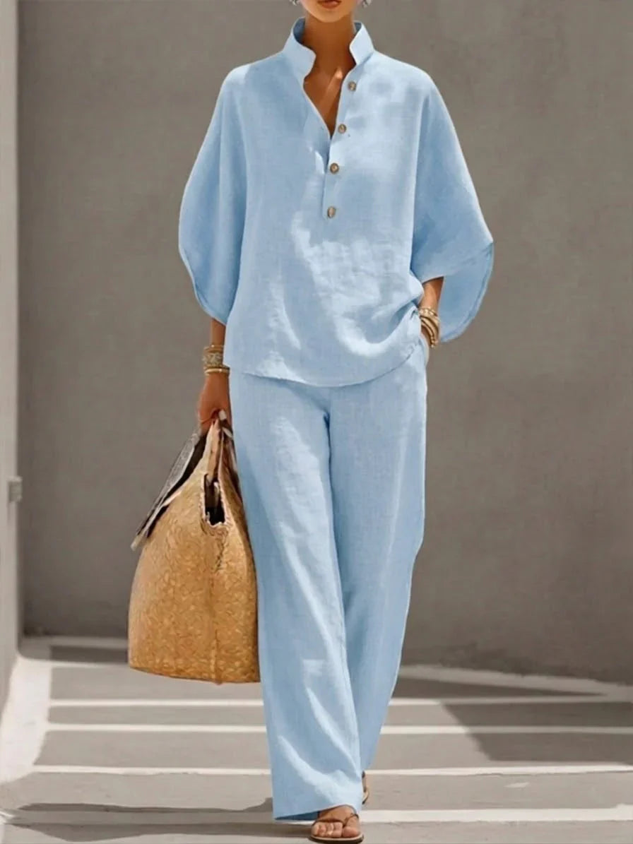 Maribel™ | Linen Texture Set with Batwing Sleeves & Wide-Leg Trousers