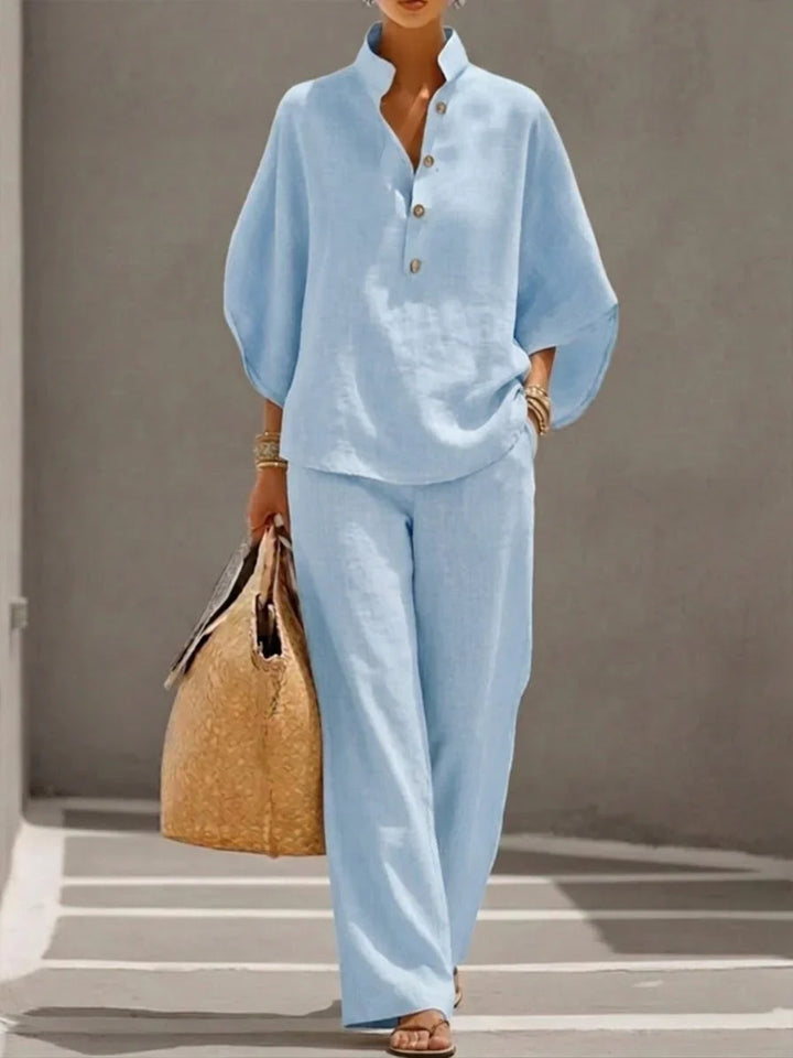 Maribel™ | Linen Texture Set with Batwing Sleeves & Wide-Leg Trousers