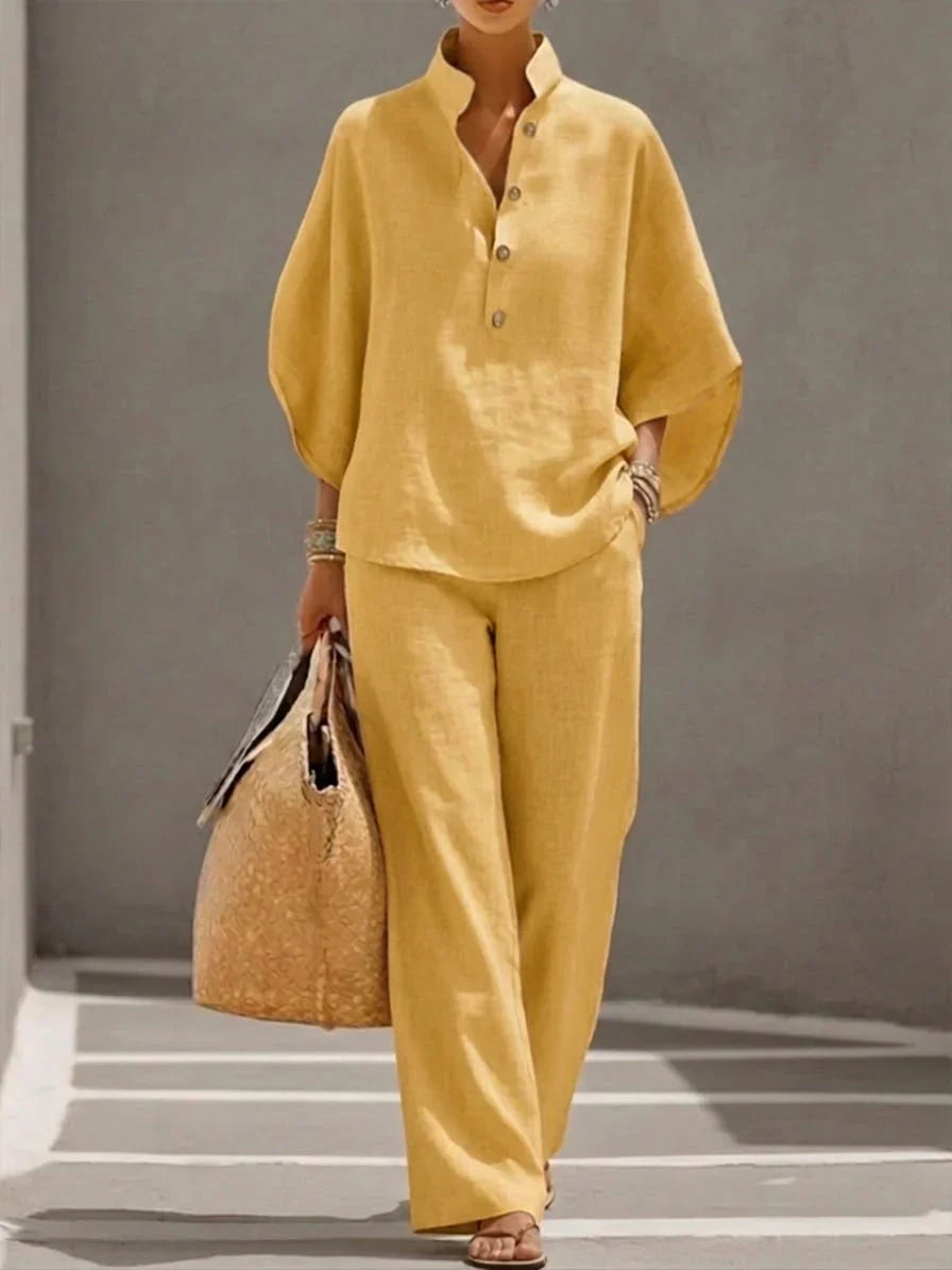 Maribel™ | Linen Texture Set with Batwing Sleeves & Wide-Leg Trousers
