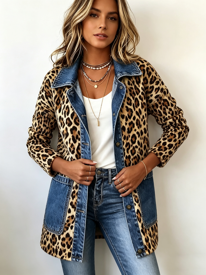 Lorena | Leopard Print Long Jacket with Denim