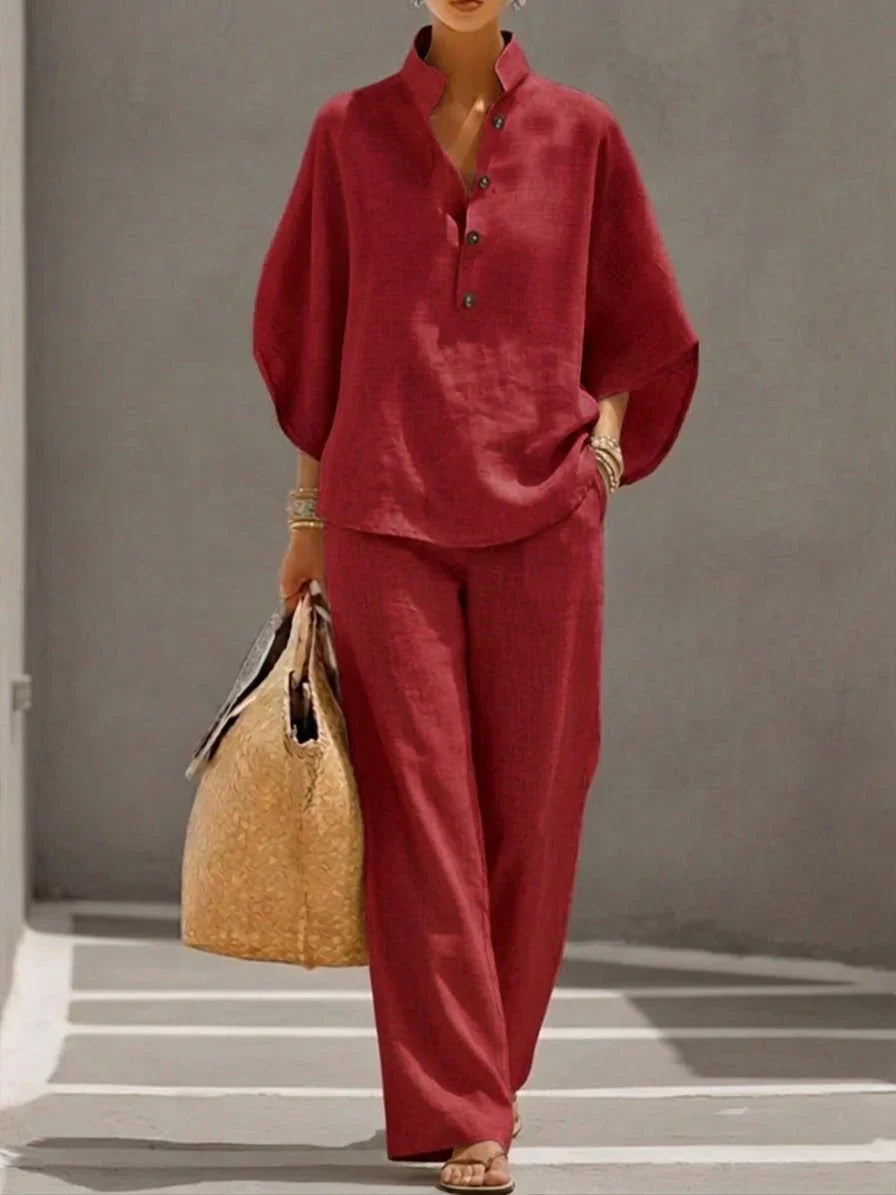 Clara | Linen set with batwing sleeves and wide-leg trousers