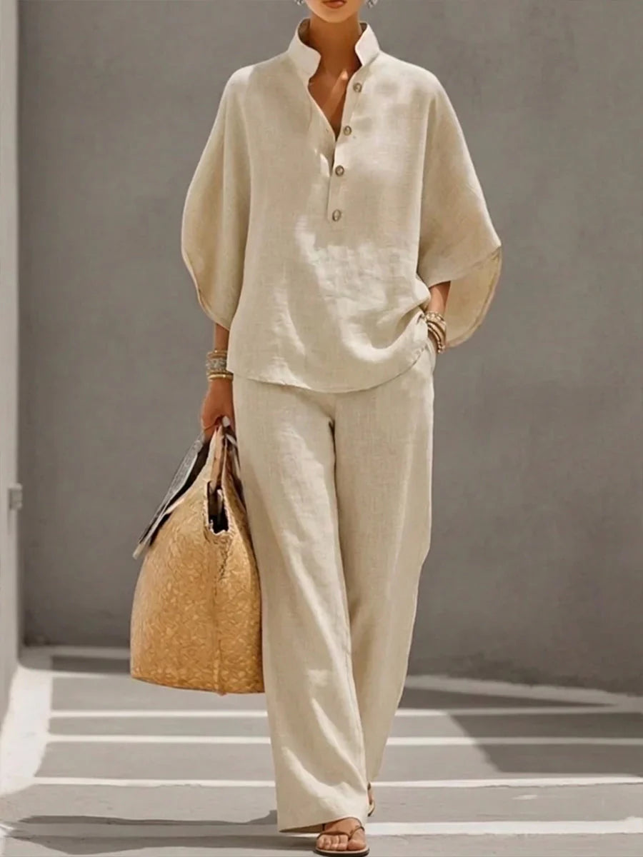 Clara | Linen set with batwing sleeves and wide-leg trousers