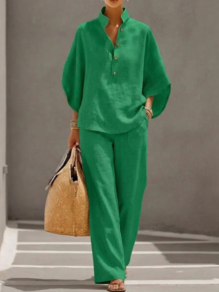 Maribel™ | Linen Texture Set with Batwing Sleeves & Wide-Leg Trousers