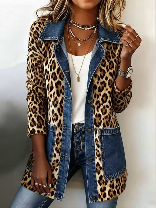 Lorena | Leopard Print Long Jacket with Denim