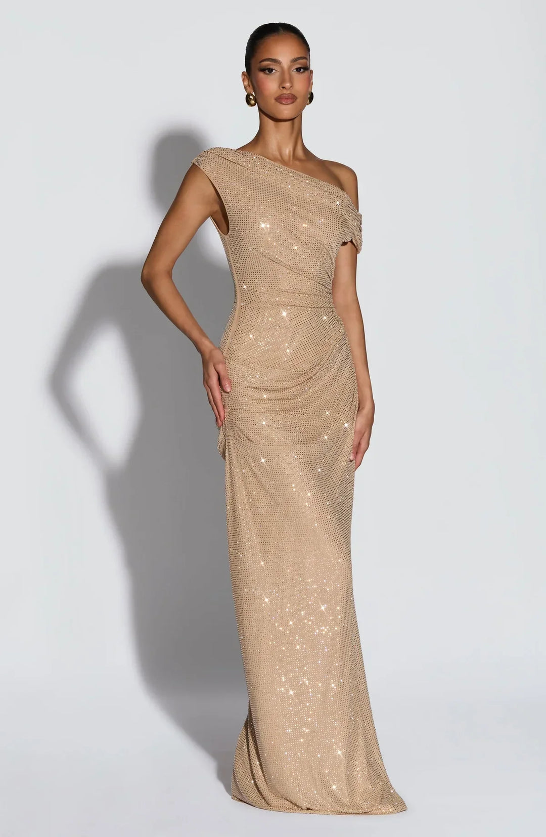 Jessamine | Women's Gold Sequin One-Shoulder Evening Dress | Maxi