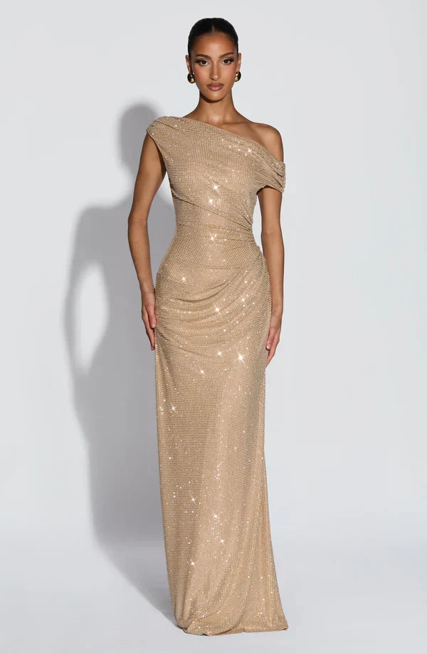 Jessamine | Women's Gold Sequin One-Shoulder Evening Dress | Maxi