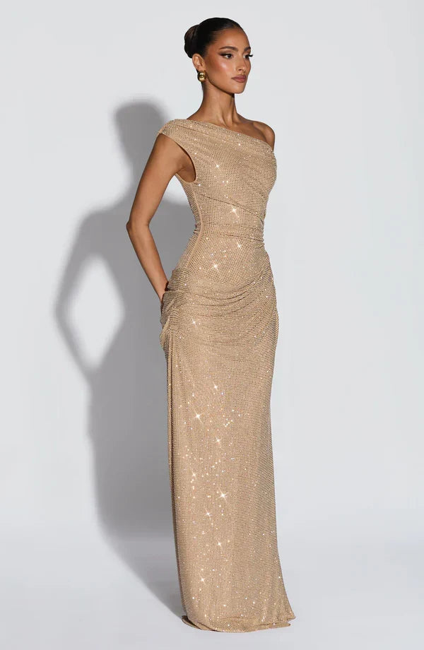 Jessamine | Women's Gold Sequin One-Shoulder Evening Dress | Maxi