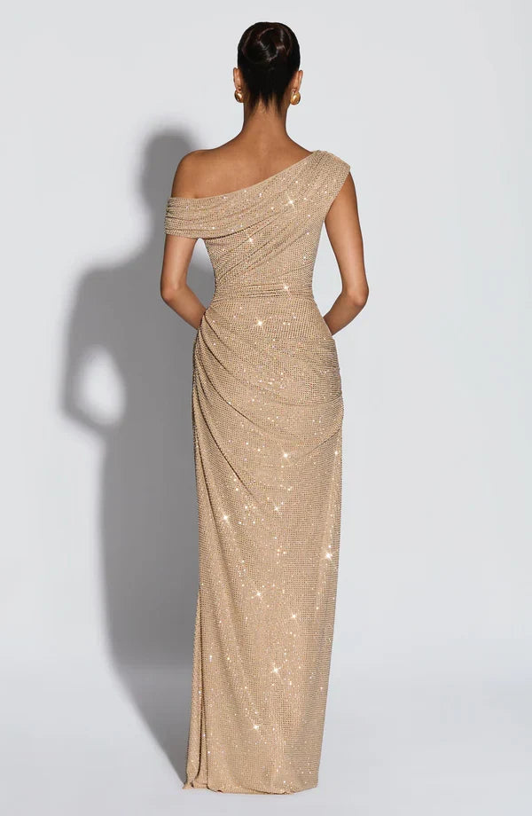 Jessamine | Women's Gold Sequin One-Shoulder Evening Dress | Maxi