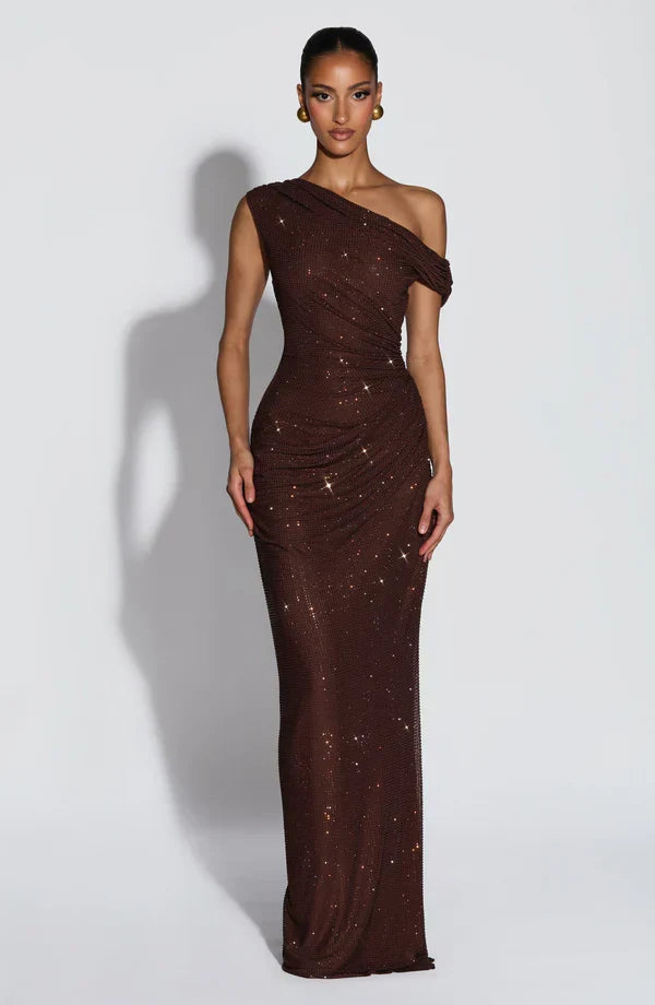 Jessamine | Women's Gold Sequin One-Shoulder Evening Dress | Maxi
