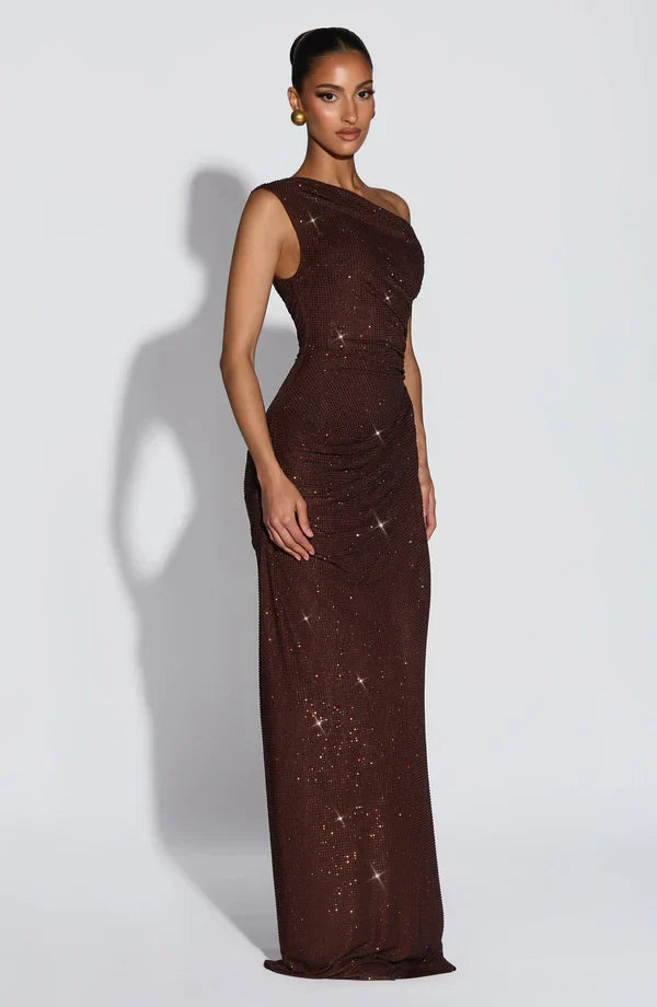 Jessamine | Women's Gold Sequin One-Shoulder Evening Dress | Maxi