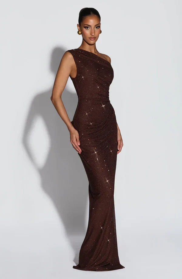 Jessamine | Women's Gold Sequin One-Shoulder Evening Dress | Maxi