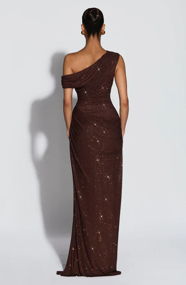 Jessamine | Women's Gold Sequin One-Shoulder Evening Dress | Maxi