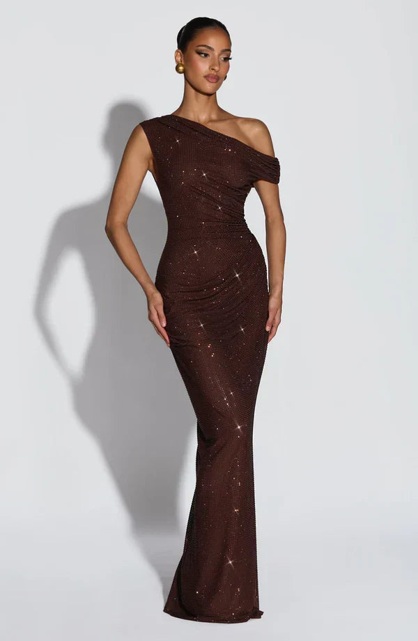 Jessamine | Women's Gold Sequin One-Shoulder Evening Dress | Maxi