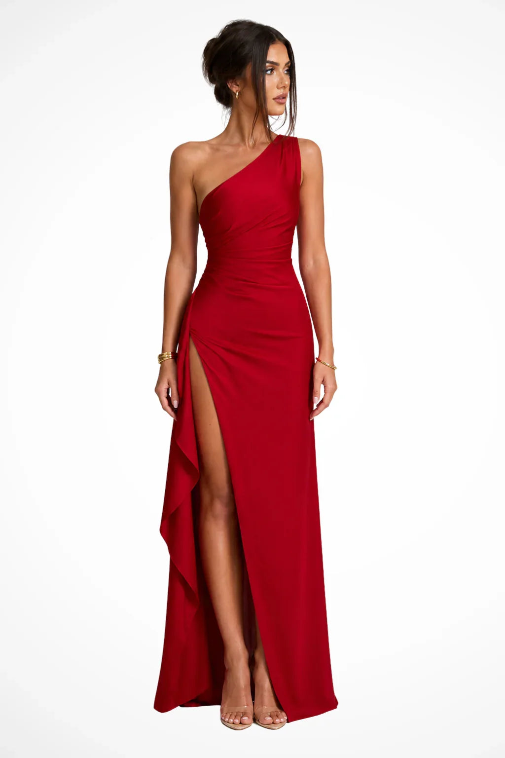 Sian | Women's Wedding Guest One-Shoulder Dress | Ruffle Side Slit Maxi