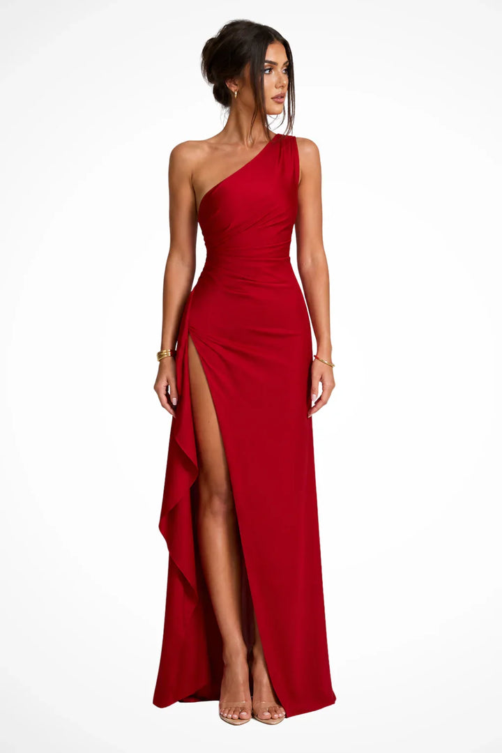 Sian | Women's Wedding Guest One-Shoulder Dress | Ruffle Side Slit Maxi