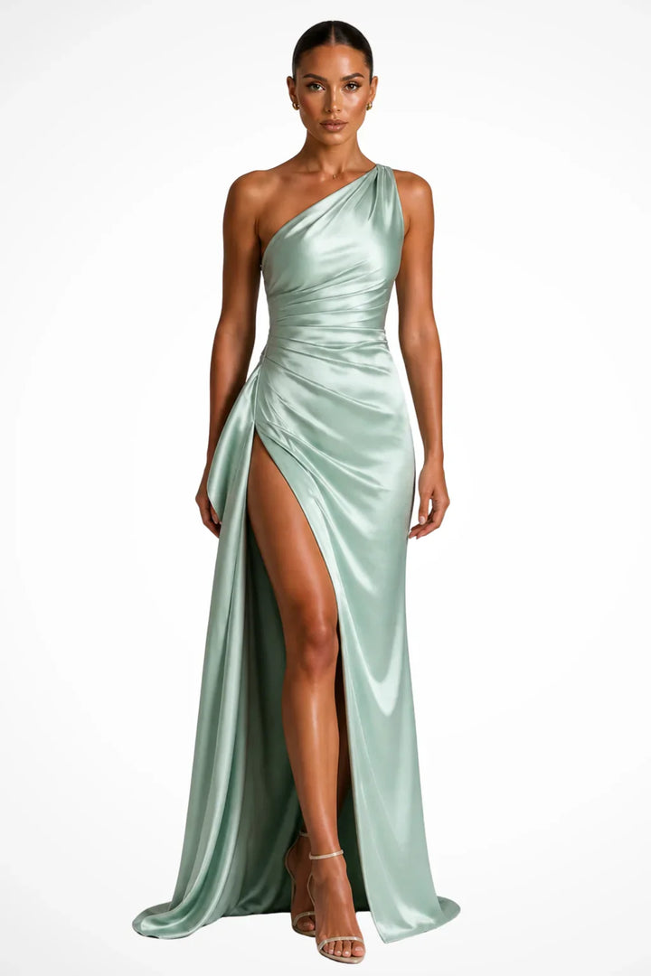 Sian | Women's Wedding Guest One-Shoulder Dress | Ruffle Side Slit Maxi