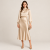 Delphine | Women's Satin High Neck Dress | Long Sleeve Midi