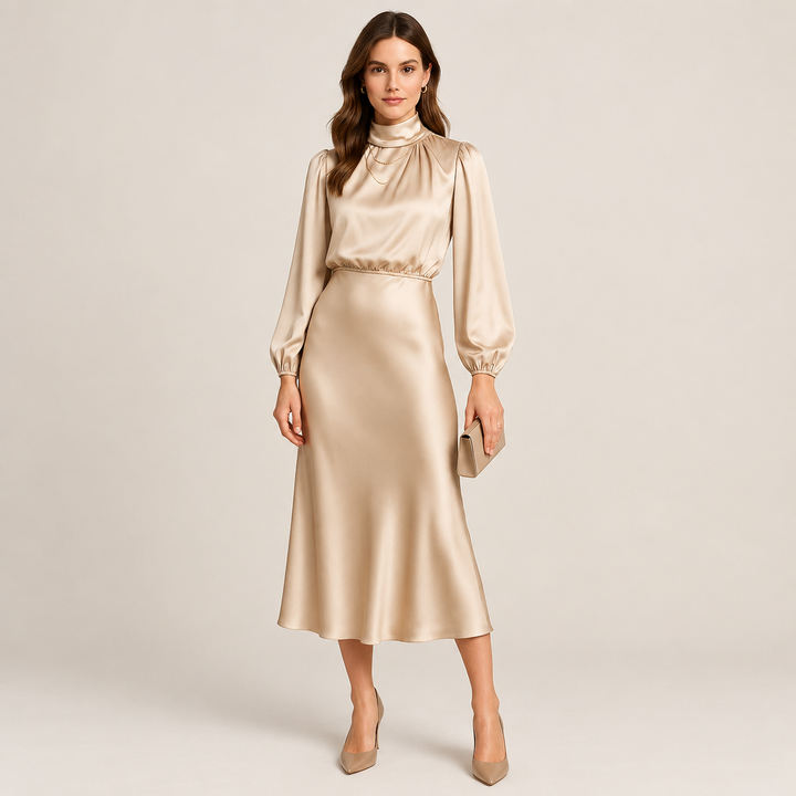Delphine | Women's Satin High Neck Dress | Long Sleeve Midi
