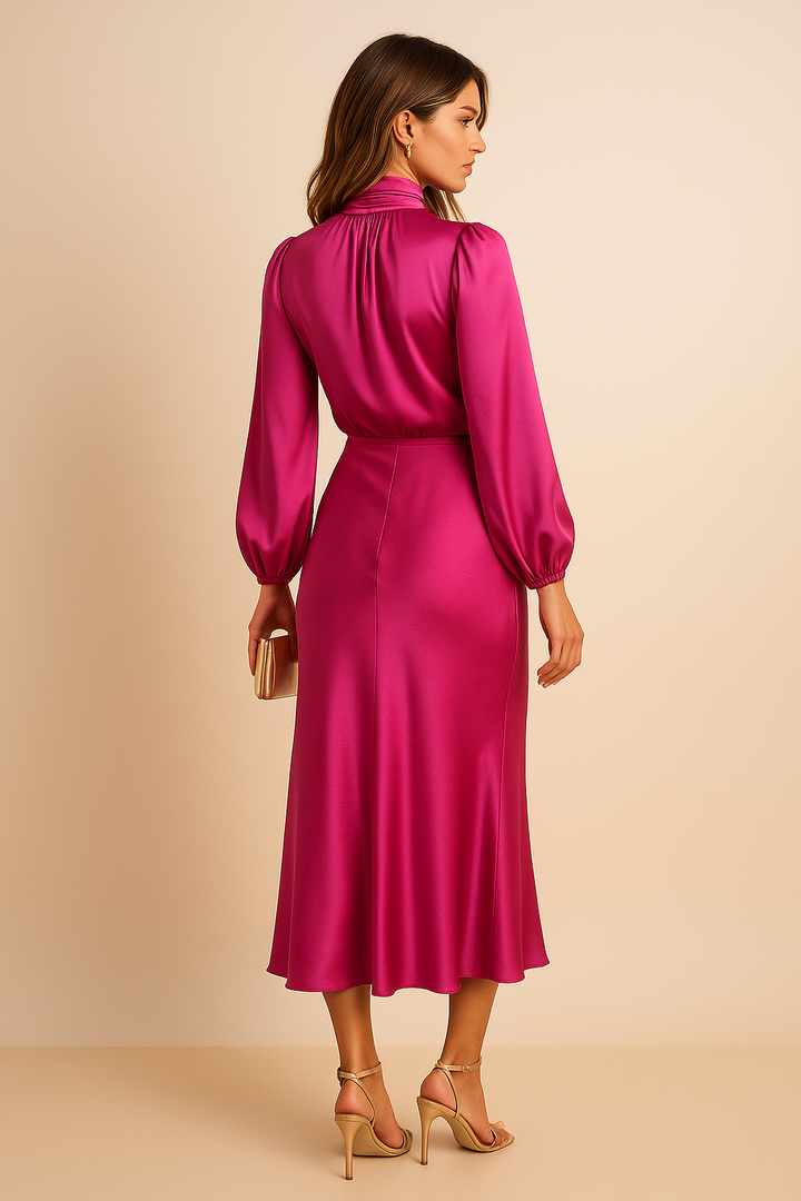 Delphine | Women's Satin High Neck Dress | Long Sleeve Midi