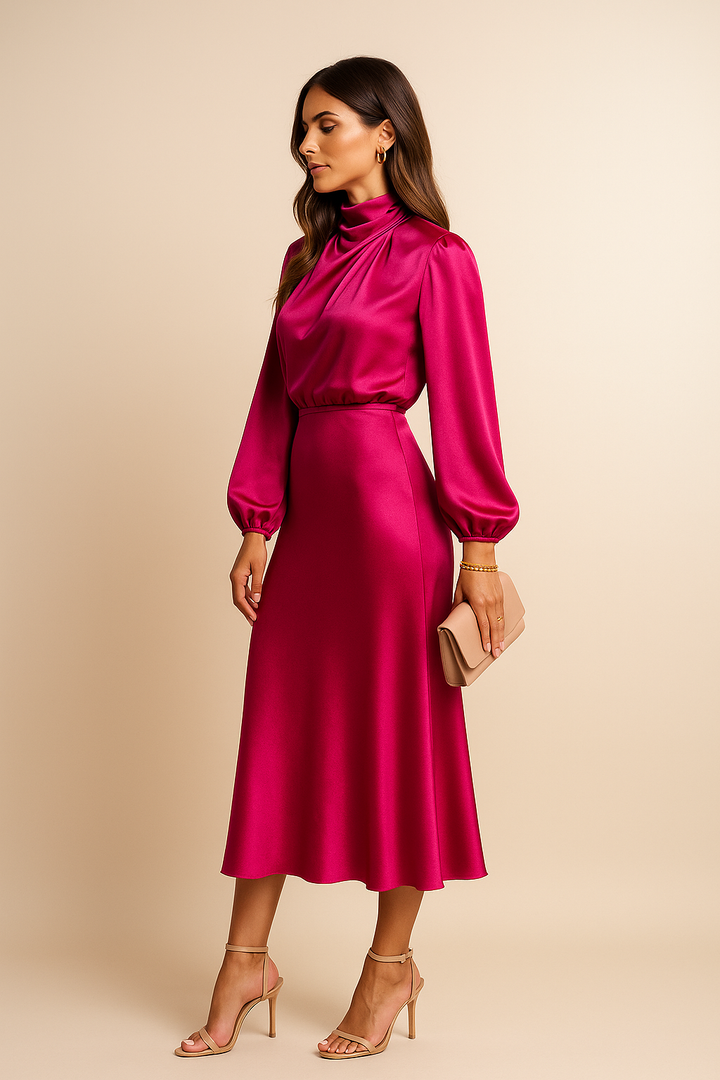 Delphine | Women's Satin High Neck Dress | Long Sleeve Midi