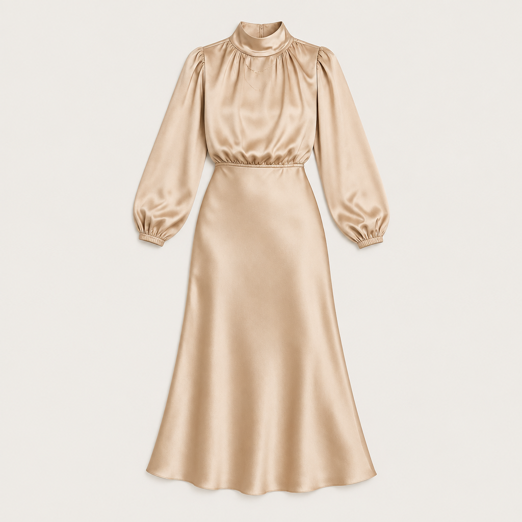 Delphine | Women's Satin High Neck Dress | Long Sleeve Midi