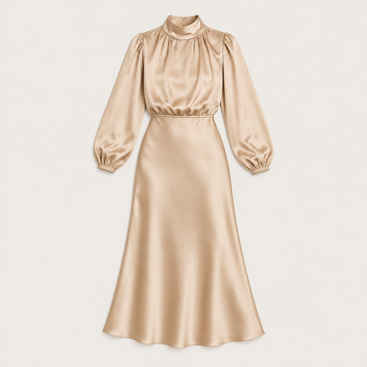 Delphine | Women's Satin High Neck Dress | Long Sleeve Midi