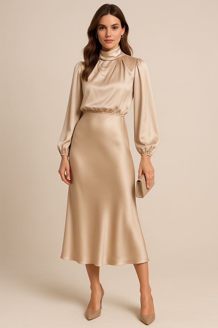 Delphine | Women's Satin High Neck Dress | Long Sleeve Midi