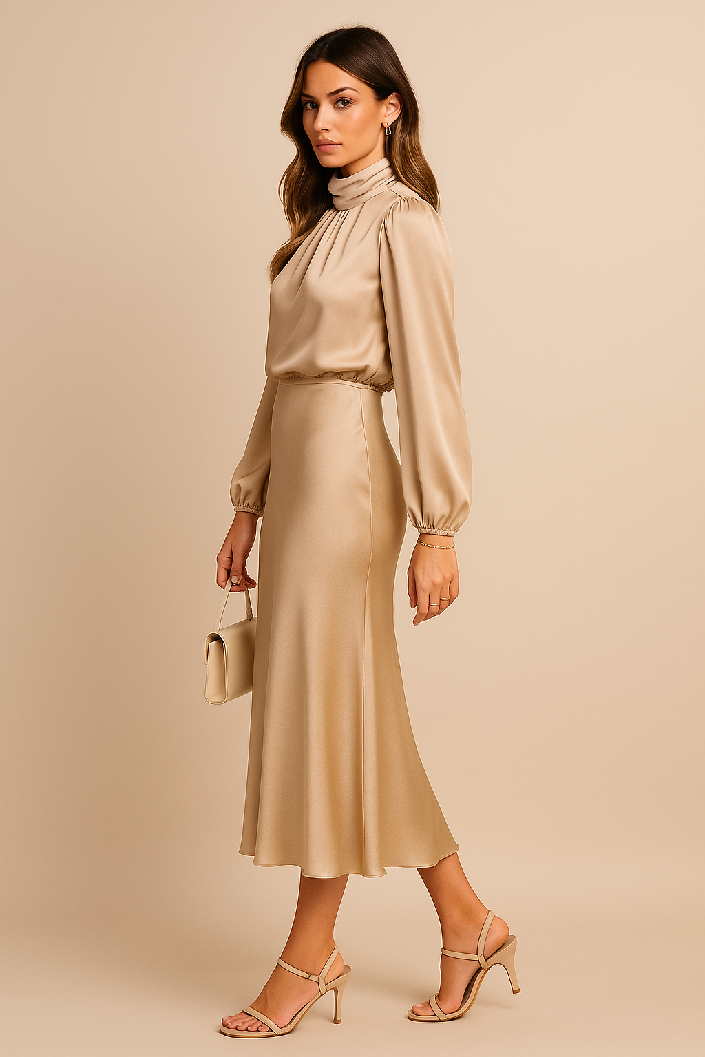 Delphine | Women's Satin High Neck Dress | Long Sleeve Midi