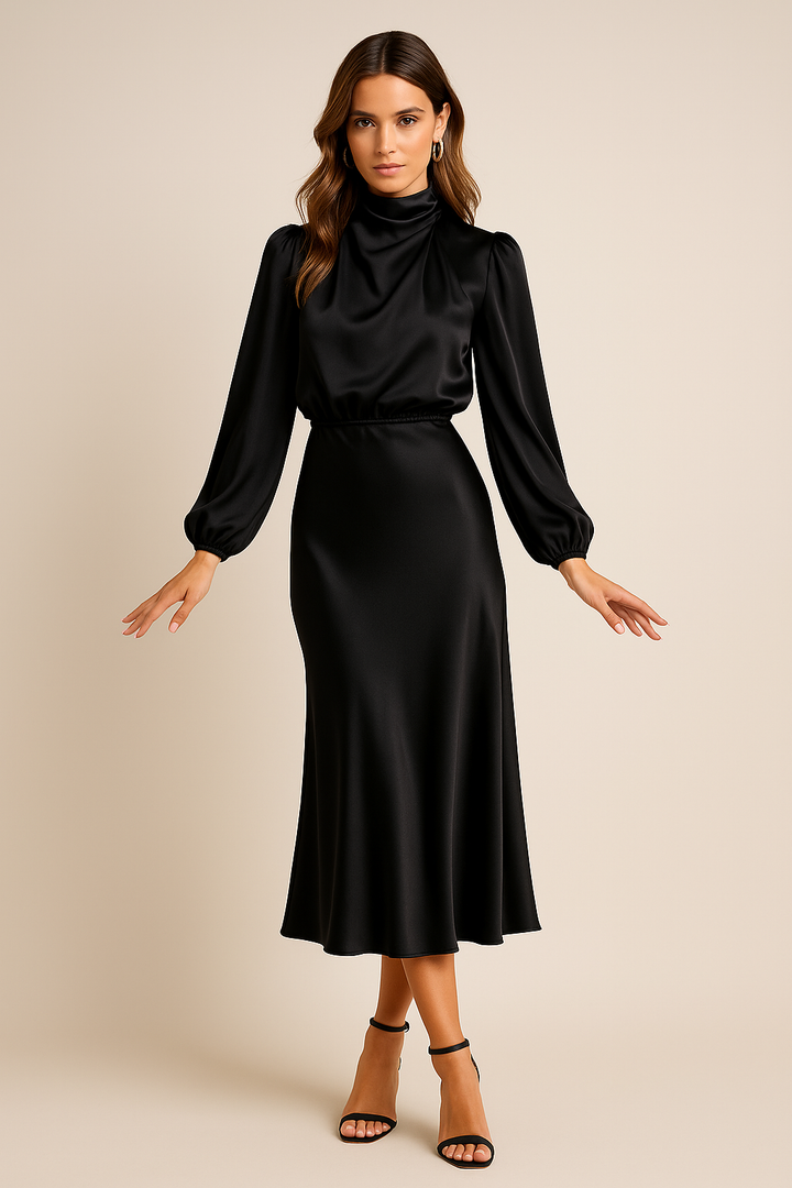 Delphine | Women's Satin High Neck Dress | Long Sleeve Midi