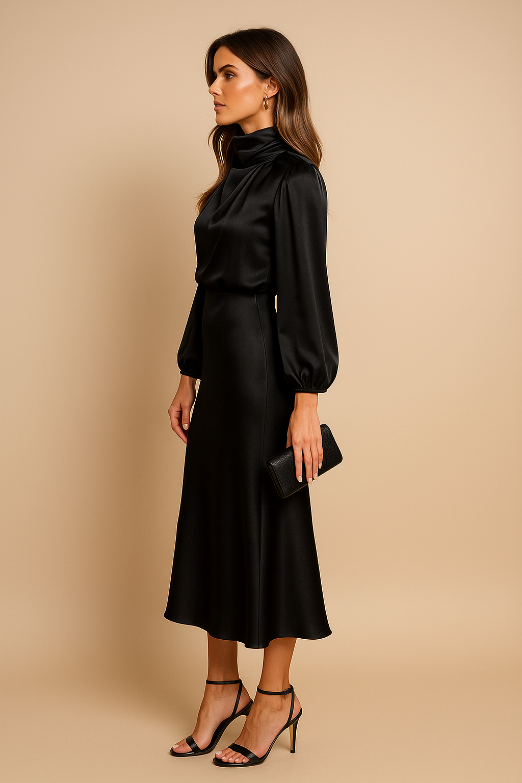 Delphine | Women's Satin High Neck Dress | Long Sleeve Midi