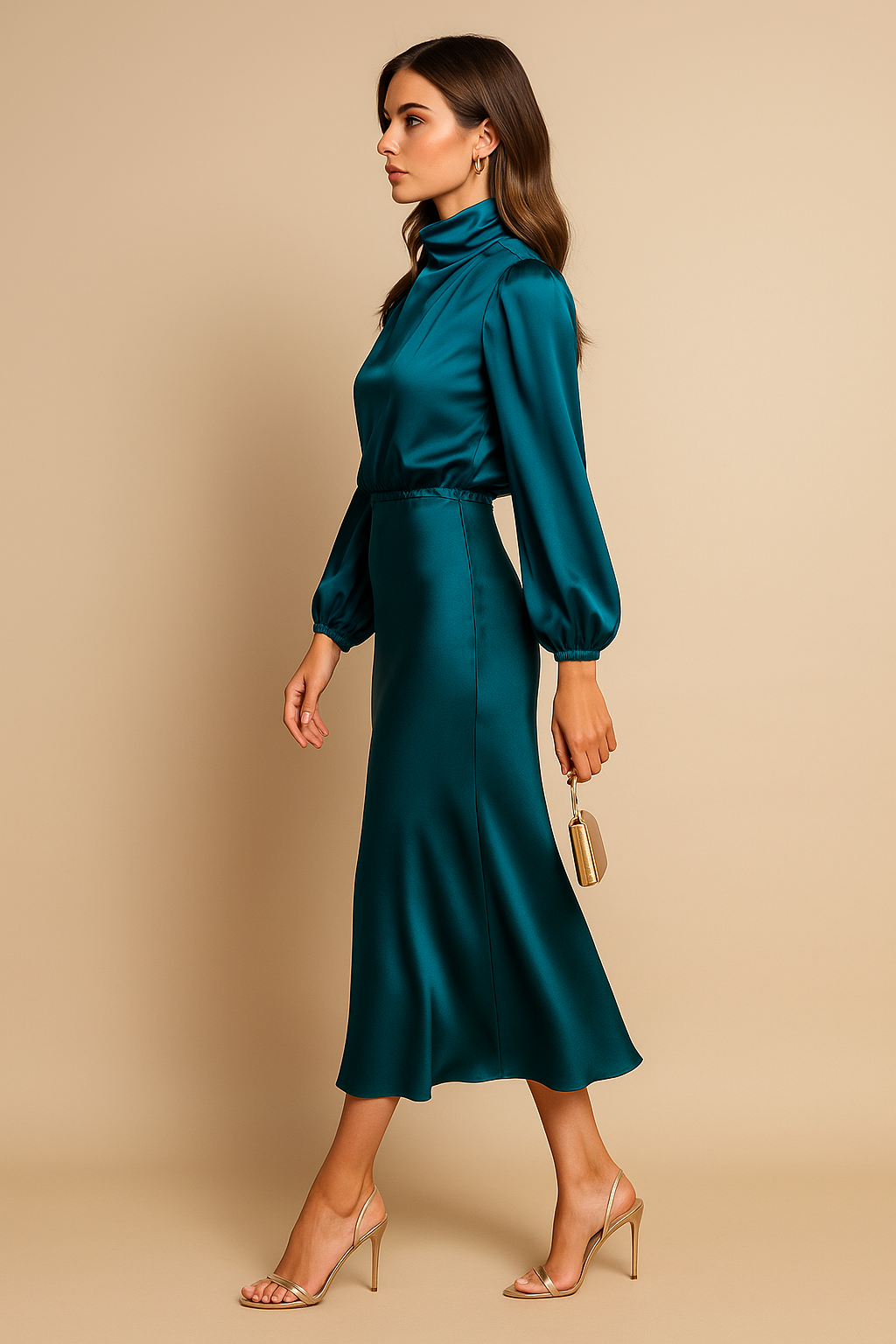 Delphine | Women's Satin High Neck Dress | Long Sleeve Midi