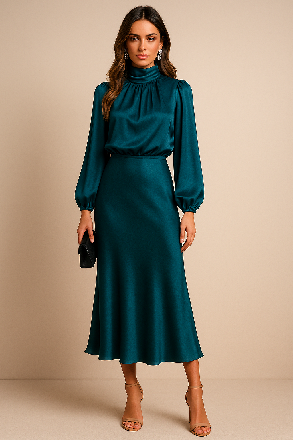Delphine | Women's Satin High Neck Dress | Long Sleeve Midi