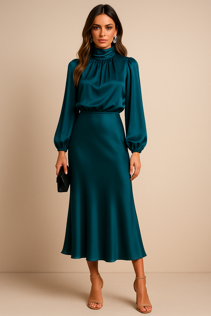 Delphine | Women's Satin High Neck Dress | Long Sleeve Midi