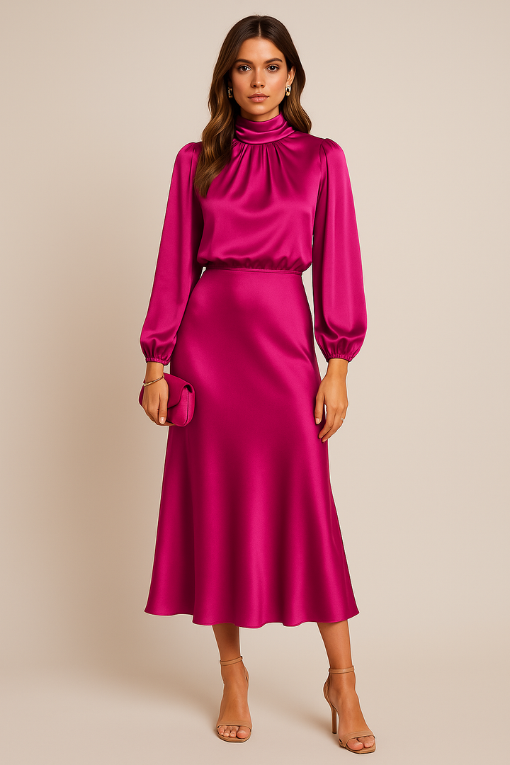 Delphine | Women's Satin High Neck Dress | Long Sleeve Midi