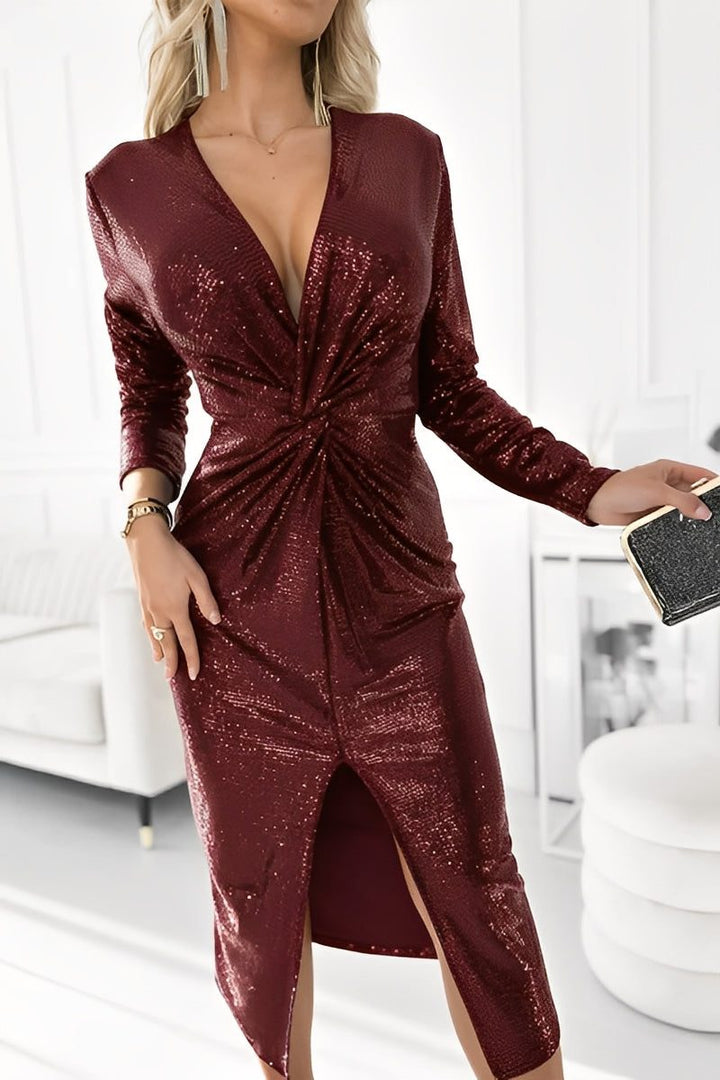 Julia | Women's Sequin Wrap V-Neck Dress | Long Sleeve Midi