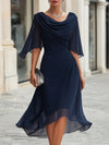 Philippa | Women's Navy Mother of the Groom Dress | Cowl Neck Cape Sleeve Midi
