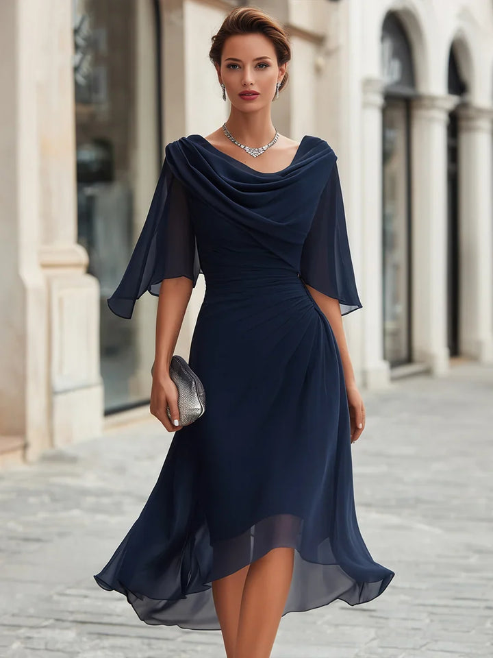 Philippa | Women's Navy Mother of the Groom Dress | Cowl Neck Cape Sleeve Midi